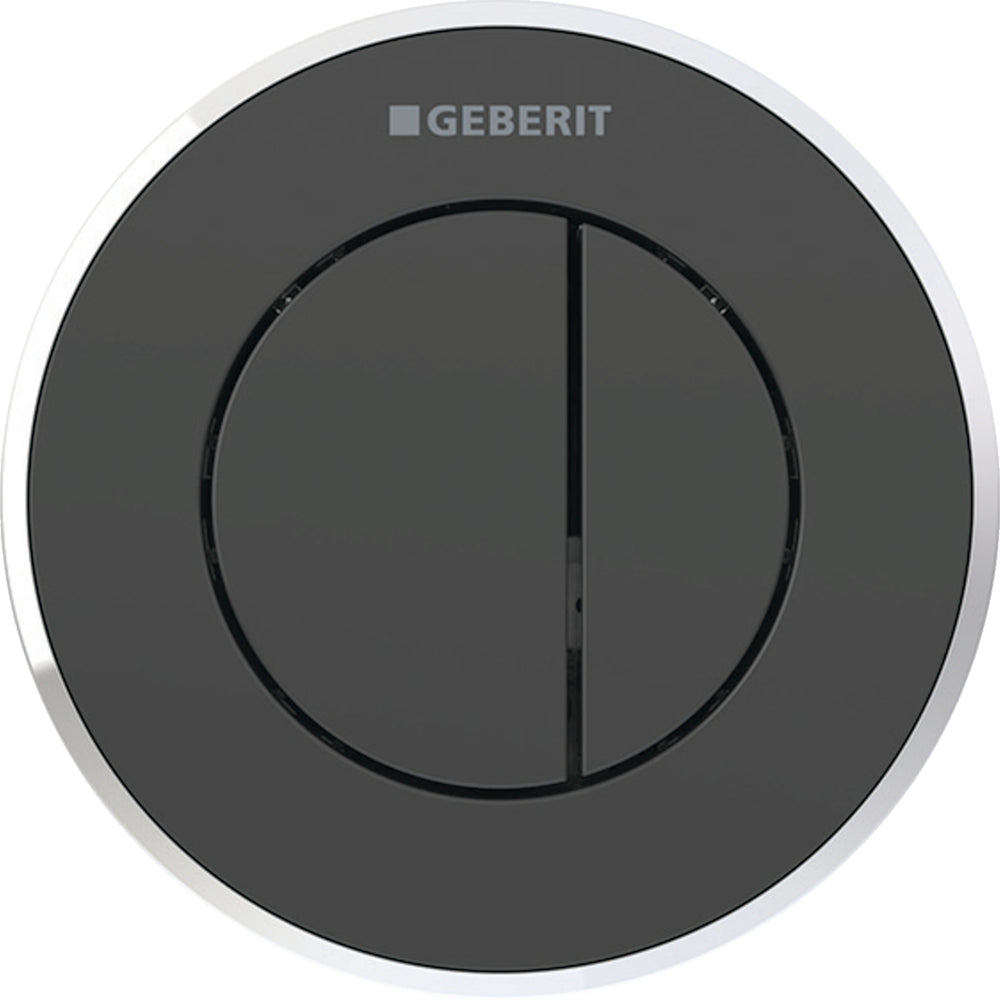 Geberit tip 10 uzaktan kumanda, yuvarlak, pnömatik, 2 kademeli deşarj, Sigma 8 cm gömme rezervuar için, gömme basma butonu: Tuş, Rozet: siyah / Parlak, Tasarım halkası: krom / Parlak