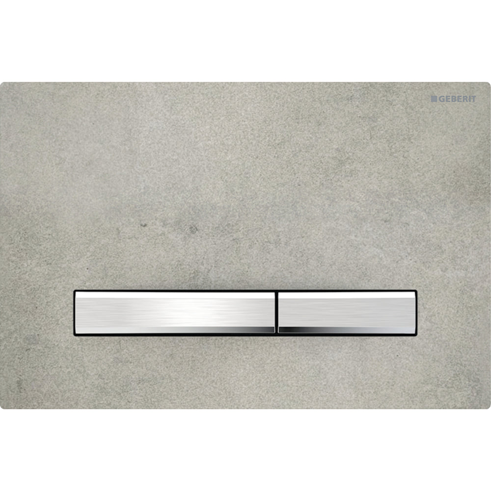 2 kademeli deşarj için Geberit Sigma50 kare kumanda kapağı, krom metal rengi: Montaj plakası: krom / Parlak, Kapak: beton görünümü, Tuş: krom / Fırçalanmış, temizliği kolay kaplama