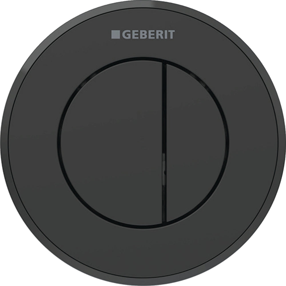 Geberit tip 10 uzaktan kumanda, yuvarlak, pnömatik, 2 kademeli deşarj, Sigma 8 cm gömme rezervuar için, gömme basma butonu: Tuş, Rozet: mat siyah / Temizliği kolay kaplamalı, Tasarım halkası: siyah / Parlak