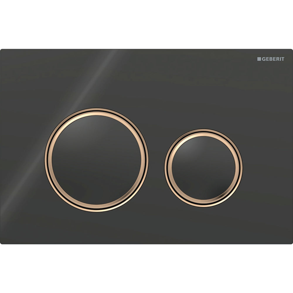 2 kademeli deşarj için Geberit Sigma50 yuvarlak kumanda kapağı, bronz metal rengi: Montaj plakası: bronz rengi / Fırçalanmış, temizliği kolay kaplama, Kapak, Tuş: siyah / Parlak cam, Tasarım halkası: bronz rengi