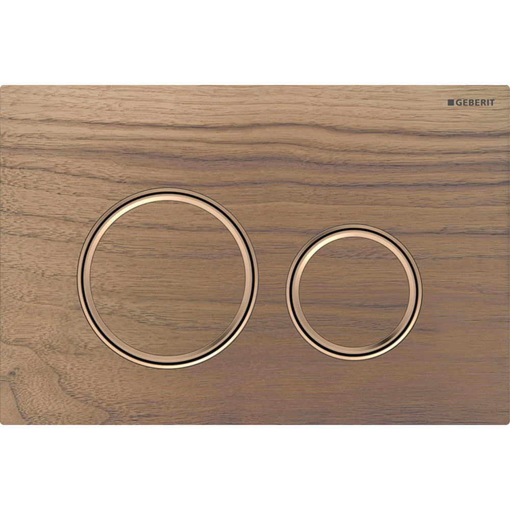 2 kademeli deşarj için Geberit Sigma50 yuvarlak kumanda kapağı, bronz metal rengi: Montaj plakası: bronz rengi / Fırçalanmış, temizliği kolay kaplama, Kapak, Tuş: Amerikan cevizi, Tasarım halkası: bronz rengi