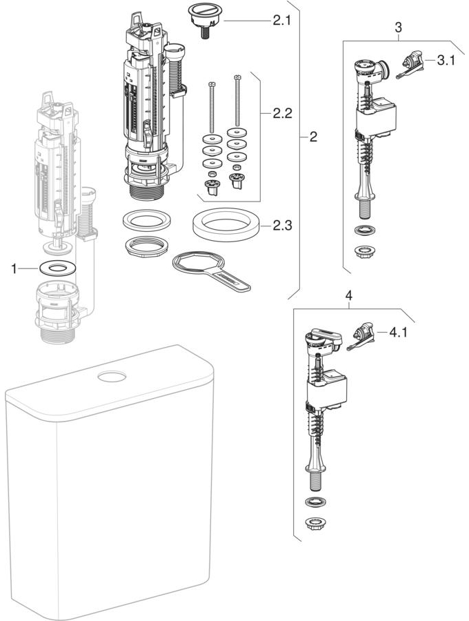 Exposed cisterns, close-coupled, dual flush, bottom water supply connection (Geberit iCon, iCon Square, Smyle, Smyle Square) patlamış parça şeması