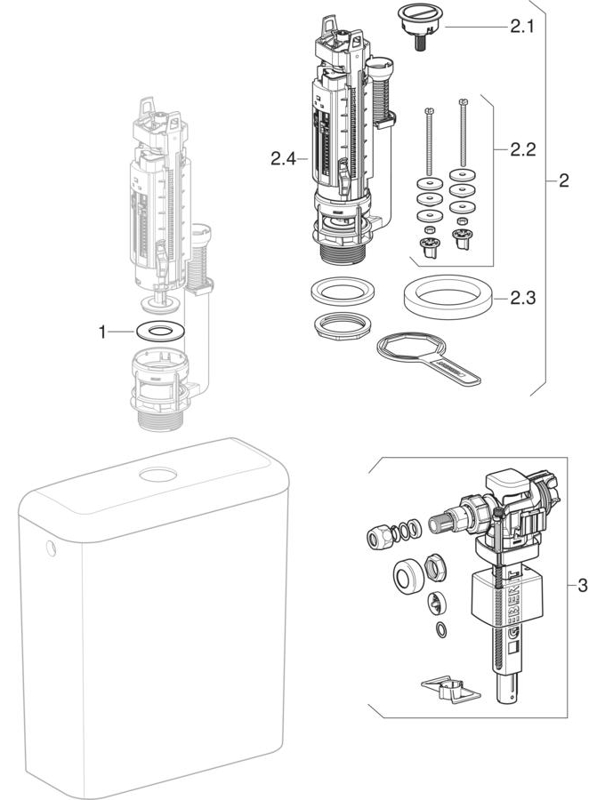 Exposed cisterns, close-coupled, dual flush, lateral water supply connection (Geberit iCon, iCon Square, Jam, Smyle, Smyle Square) patlamış parça şeması