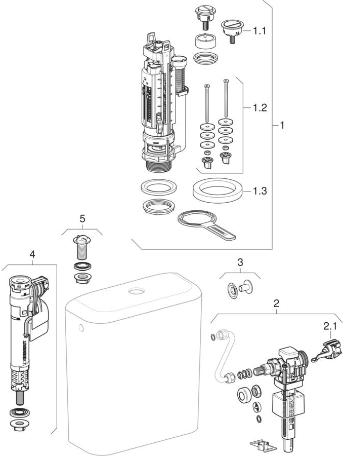 Exposed cisterns, close-coupled, dual flush (Geberit iCon, iCon Square, 4U, it!, Arum, Lovely, 345, 365) patlamış parça şeması