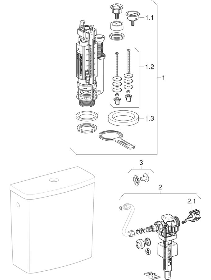 Exposed cisterns, close-coupled, dual flush, lateral water supply connection, square design (Geberit Renova, Renova No. 1) patlamış parça şeması