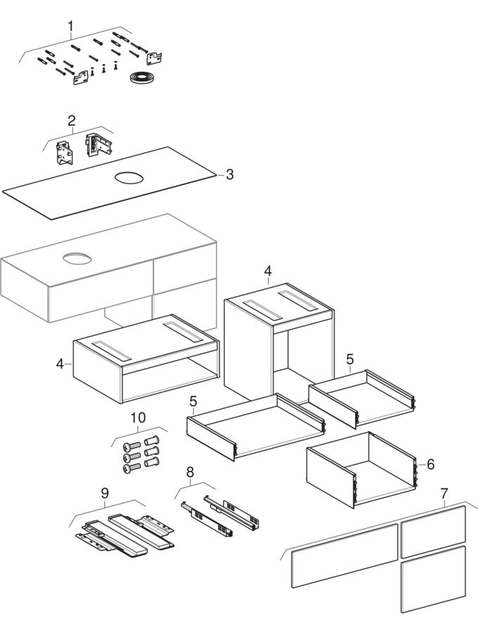 Cabinets for lay-on washbasin, with three drawers (Geberit VariForm) patlamış parça şeması