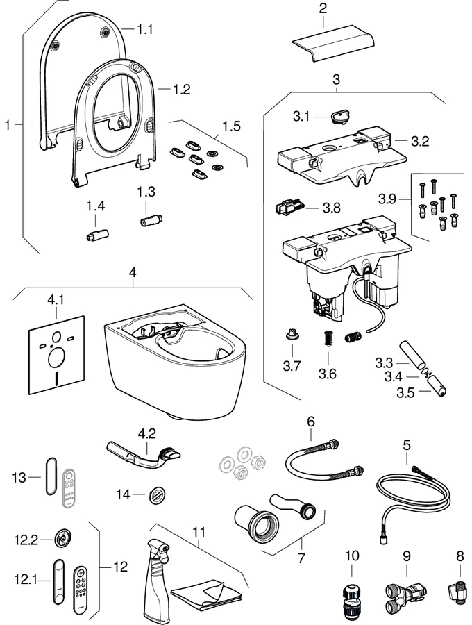Geberit AquaClean Sela WC complete solutions, wall-hung WC patlamış parça şeması