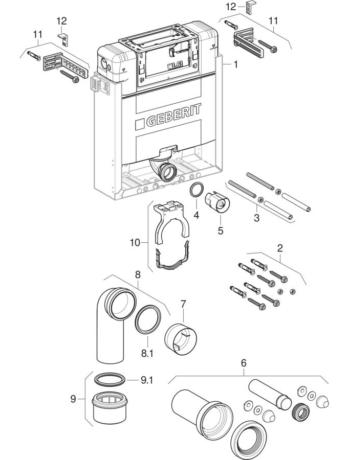 Geberit Kombifix elements for wall-hung WC, with Alpha concealed cistern 12 cm patlamış parça şeması