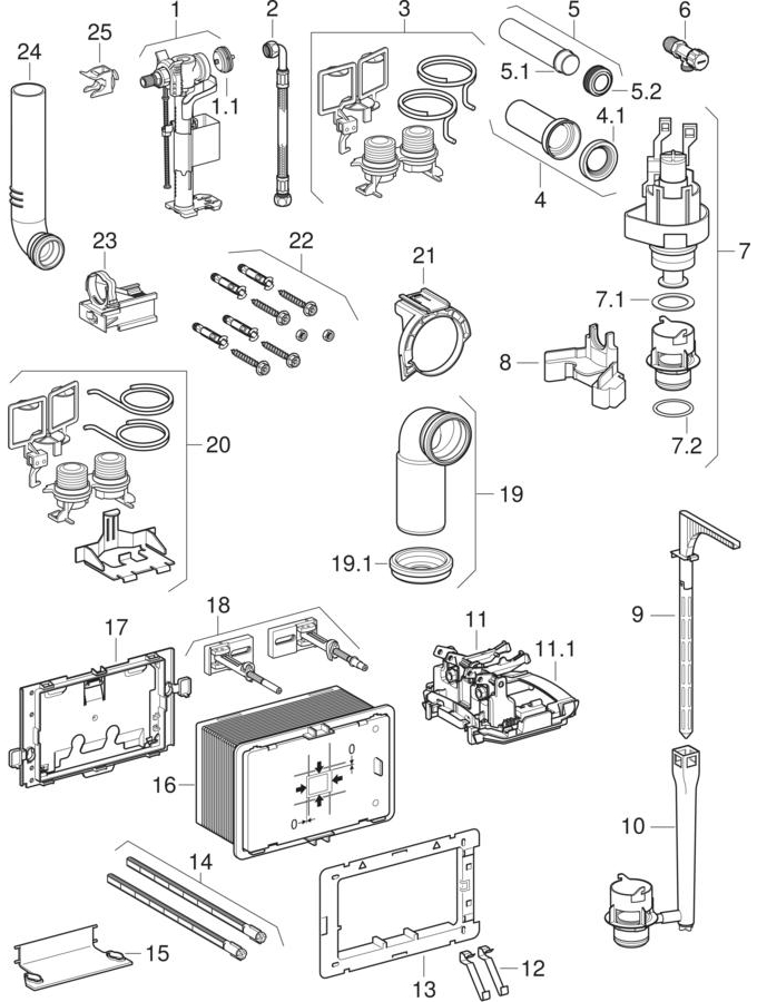 Installation elements for wall-hung WC, with Technic GT concealed cistern patlamış parça şeması
