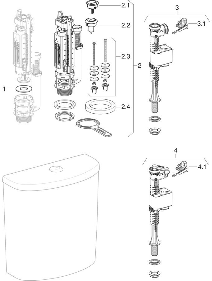 Exposed cisterns, close-coupled, dual flush, bottom water supply connection (Geberit Abalona, Selnova) patlamış parça şeması