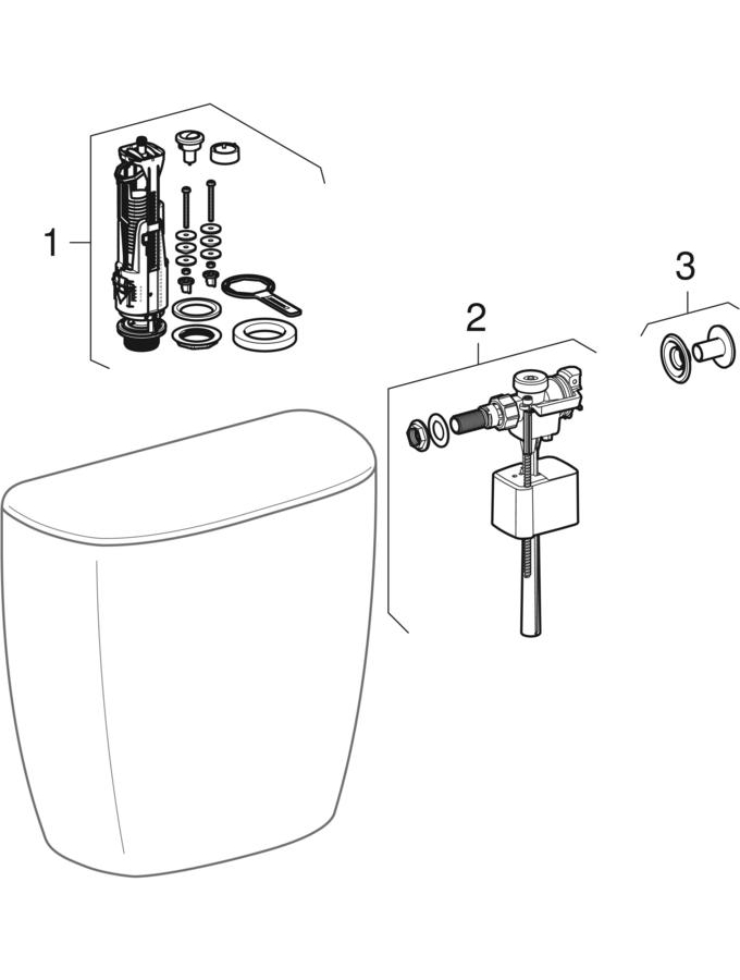 Exposed cisterns, close-coupled, dual flush, lateral water supply connection (Geberit Bastia, E-Con, Rekord) patlamış parça şeması