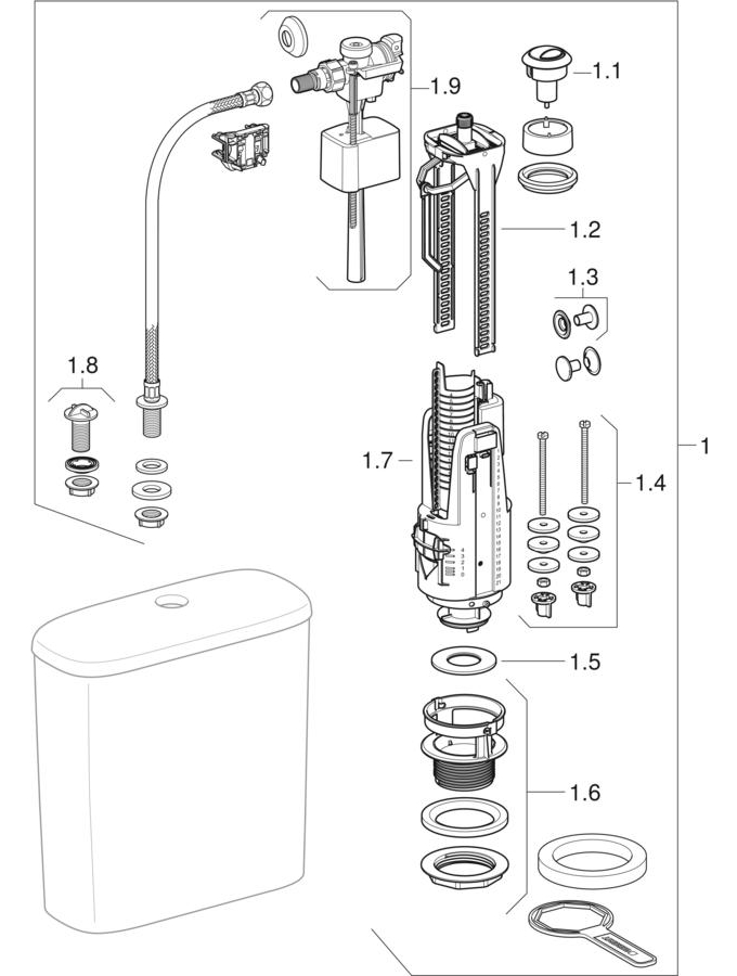 Exposed cisterns, close-coupled, dual flush (Geberit Fantasia, Fantasia 2, Storia, 315) patlamış parça şeması