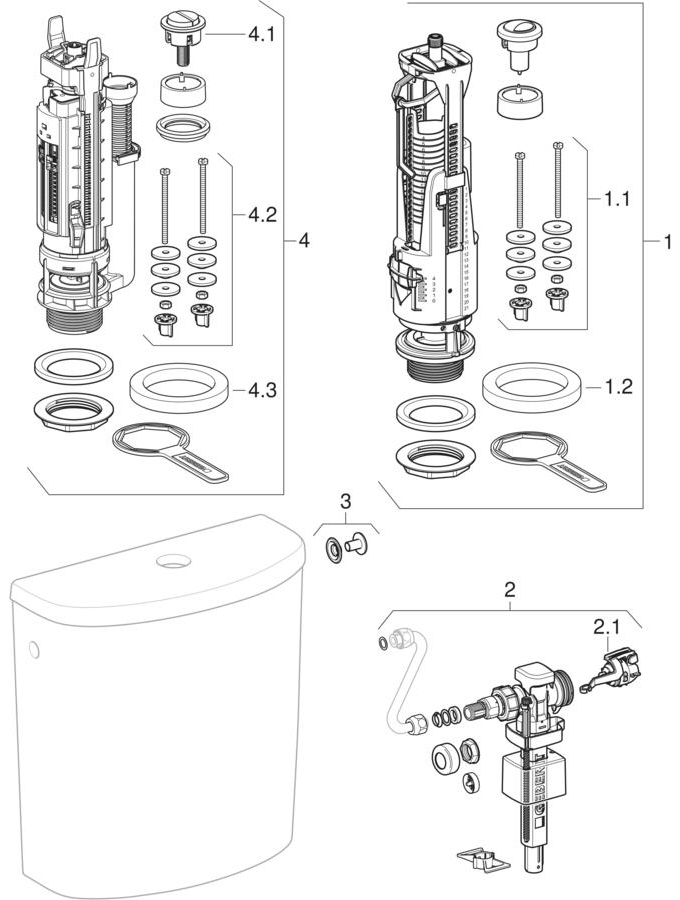 Exposed cisterns, close-coupled, dual flush, lateral water supply connection (Geberit Abalona, Selnova, Dito) patlamış parça şeması