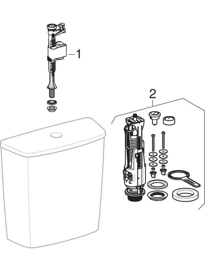 Exposed cisterns, close-coupled, dual flush, bottom water supply connection (Geberit Bastia, Rekord) patlamış parça şeması