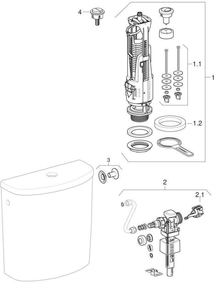 Exposed cisterns, close-coupled, dual flush, lateral water supply connection (Geberit Renova, 280) patlamış parça şeması