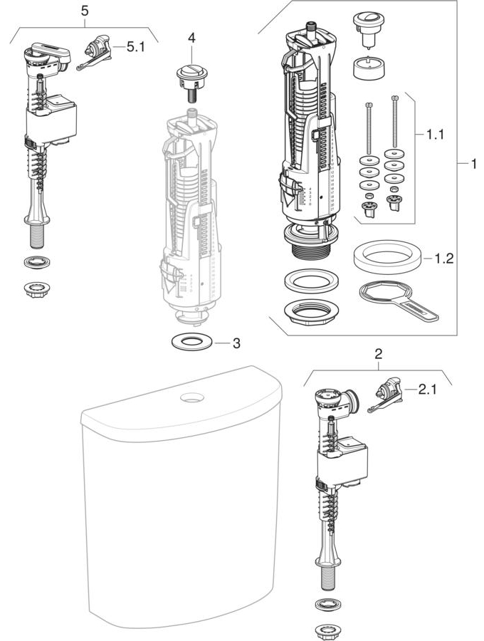 Exposed cisterns, close-coupled, dual flush, bottom water supply connection (Geberit Renova, 280) patlamış parça şeması