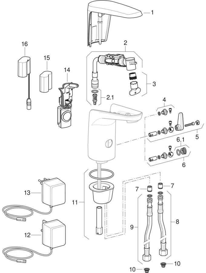 Type 80 washbasin taps, mains operation / battery operation patlamış parça şeması