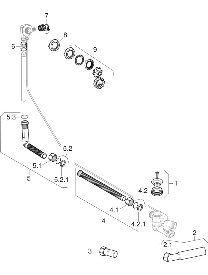 Bathtub drains with turn handle and inlet, d52 patlamış parça şeması