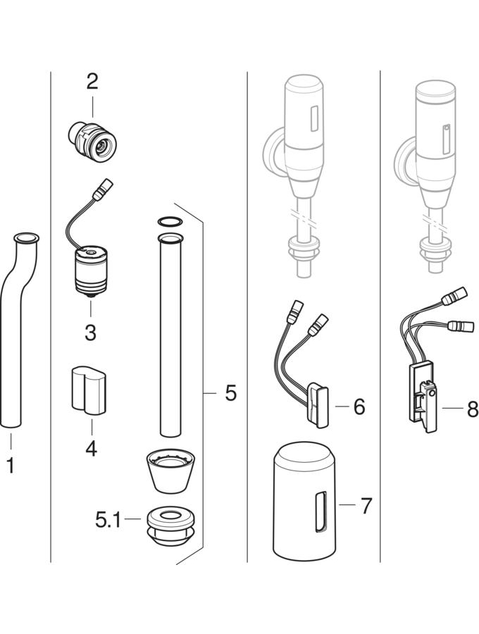 Pressure flushing valve for urinal with electronic flush actuation, battery operation, for surface mounting patlamış parça şeması