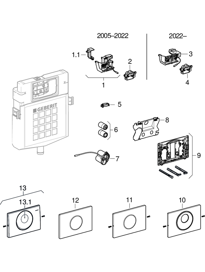 WC flush controls with electronic flush actuation, battery operation, dual flush, touchless, for Sigma concealed cistern 12 cm patlamış parça şeması