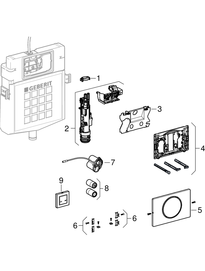 WC flush controls with electronic flush actuation, battery operation, RF-controlled button, for pull-down rail, for Sigma concealed cistern 12 cm patlamış parça şeması