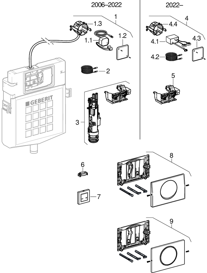 WC flush controls with electronic flush actuation, mains operation, RF-controlled button, for pull-down rail, for Sigma concealed cistern 12 cm patlamış parça şeması