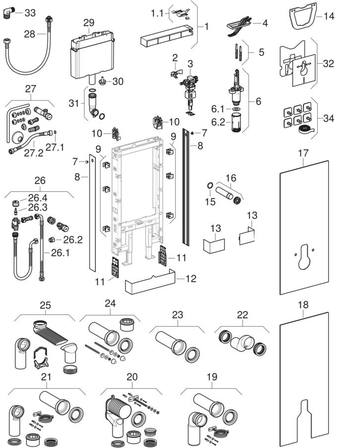 Geberit Monolith sanitary modules for floor-standing WC and wall-hung WC, 114 cm patlamış parça şeması