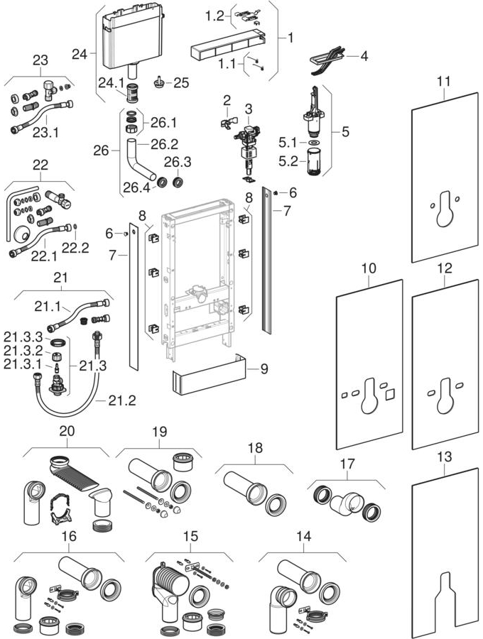 Geberit Monolith sanitary modules for floor-standing WC and wall-hung WC, 101 cm patlamış parça şeması