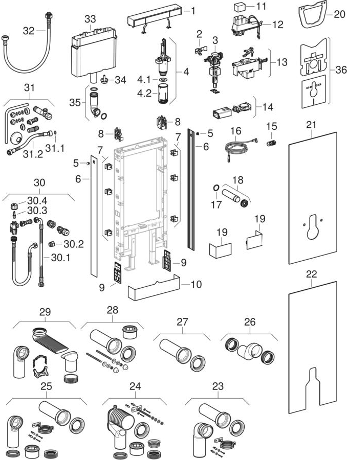 Geberit Monolith Plus sanitary modules for floor-standing WC and wall-hung WC, 114 cm patlamış parça şeması