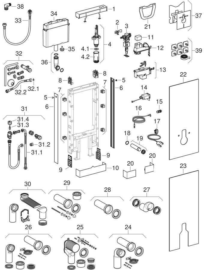Geberit Monolith Plus sanitary modules for floorstanding WC and wall-hung WC, 114 cm patlamış parça şeması