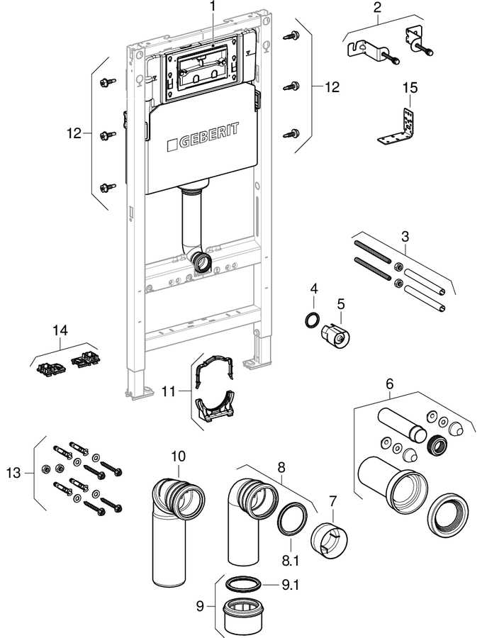Geberit Duofix elements for wall-hung WC, with Alpha concealed cistern 12 cm (from year of manufacture 2023) patlamış parça şeması