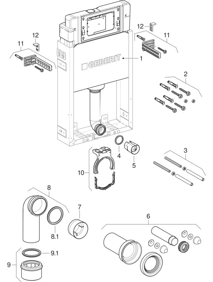 Geberit Kombifix elements for wall-hung WC, with Alpha concealed cistern 12 cm, (from year of manufacture 2023) patlamış parça şeması