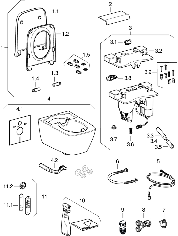 Geberit AquaClean Sela Square WC complete solutions, wall-hung WC patlamış parça şeması
