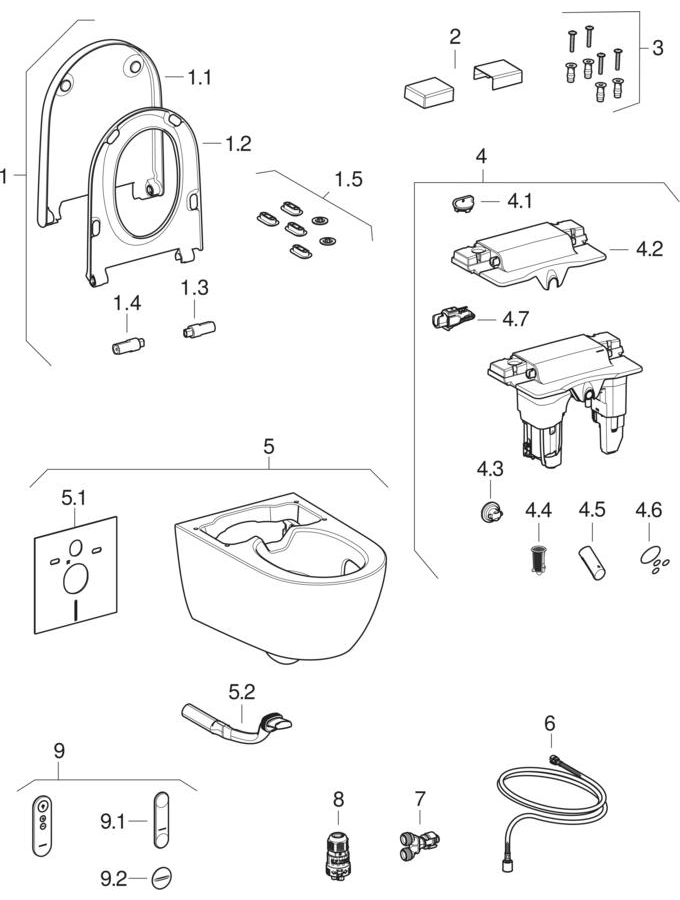 Geberit AquaClean Alba WC complete solutions, wall-hung WC patlamış parça şeması