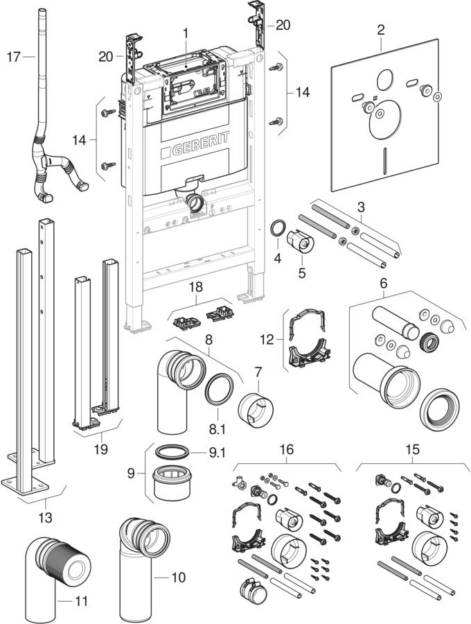 Geberit Duofix elements for wall-hung WC, with Omega concealed cistern 12 cm patlamış parça şeması
