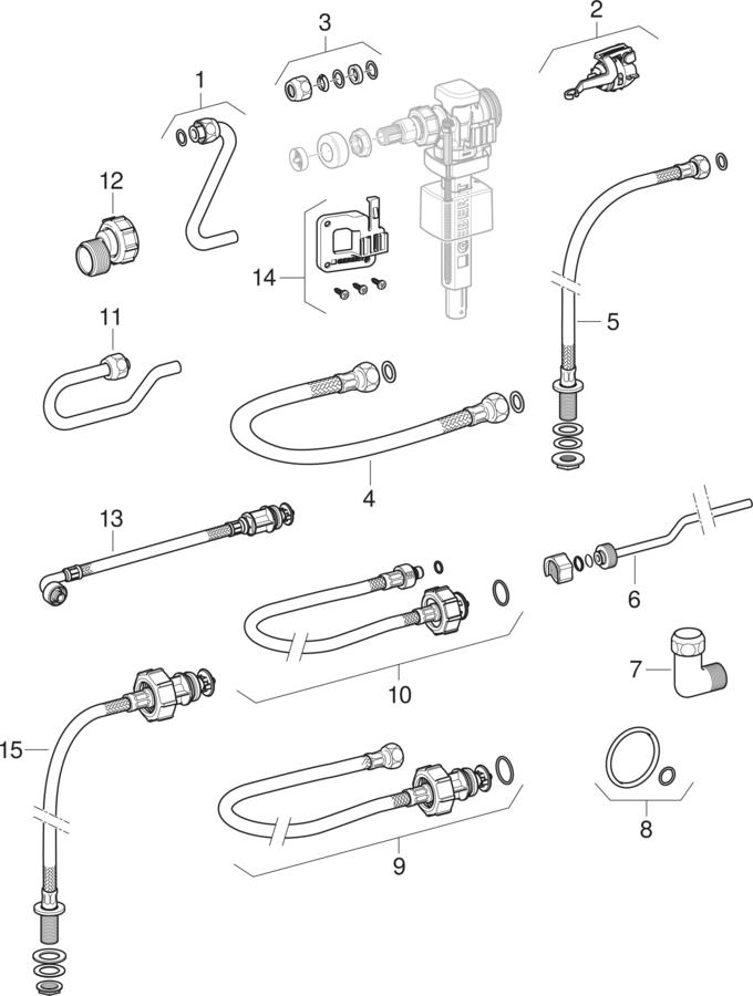Fill valves Type 383, lateral water supply connection unit patlamış parça şeması