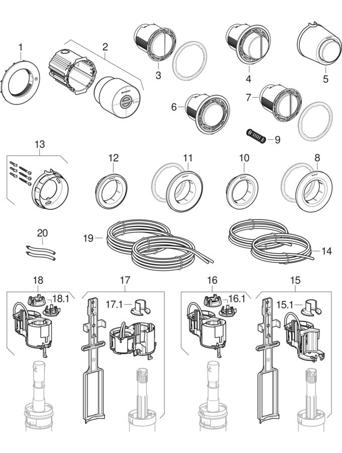Remote flush actuations type 01 and 10, pneumatic patlamış parça şeması