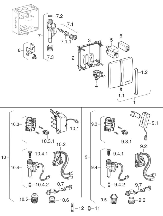 Urinal flush controls with electronic flush actuation, mains operation, die-cast zinc actuator plate, Basic patlamış parça şeması