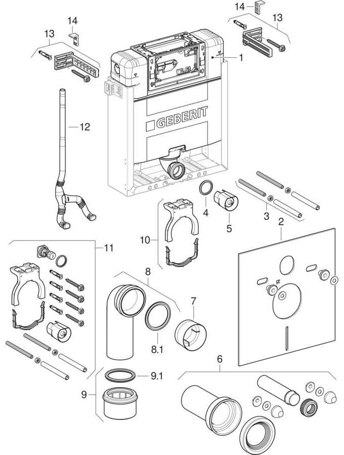 Geberit Kombifix elements for wall-hung WC, with Omega concealed cistern 12 cm patlamış parça şeması