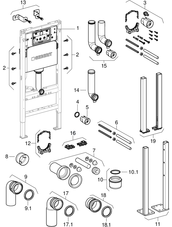 Geberit DuofixBasic elements for wall-hung WC, with Delta concealed cistern 12 cm (UP100) patlamış parça şeması