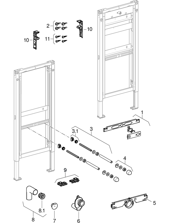 Geberit Duofix elements for urinal, 112 cm patlamış parça şeması