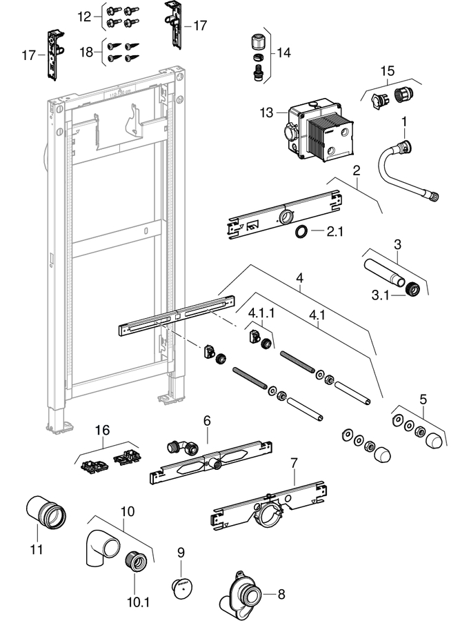Geberit Duofix elements for urinal, 112–130 cm, universal patlamış parça şeması