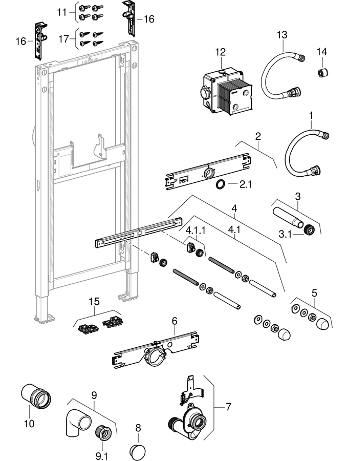Geberit Duofix elements for urinal, 112–130 cm, universal, for hidden urinal control patlamış parça şeması
