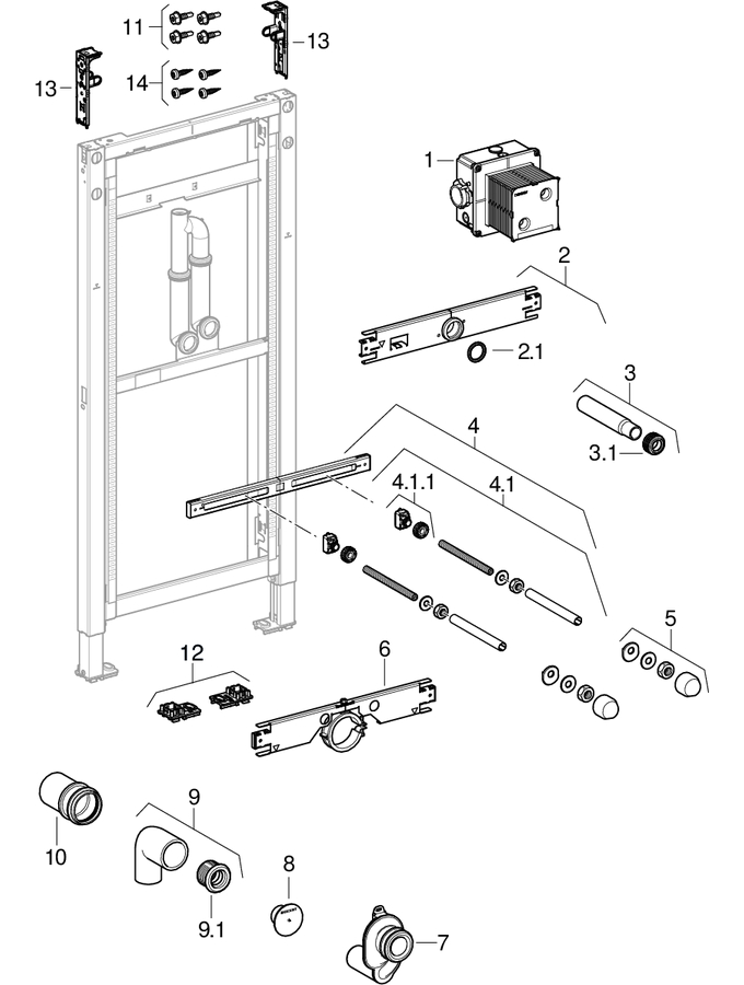 Geberit Duofix elements for urinal, 130 cm, pipe interrupter patlamış parça şeması