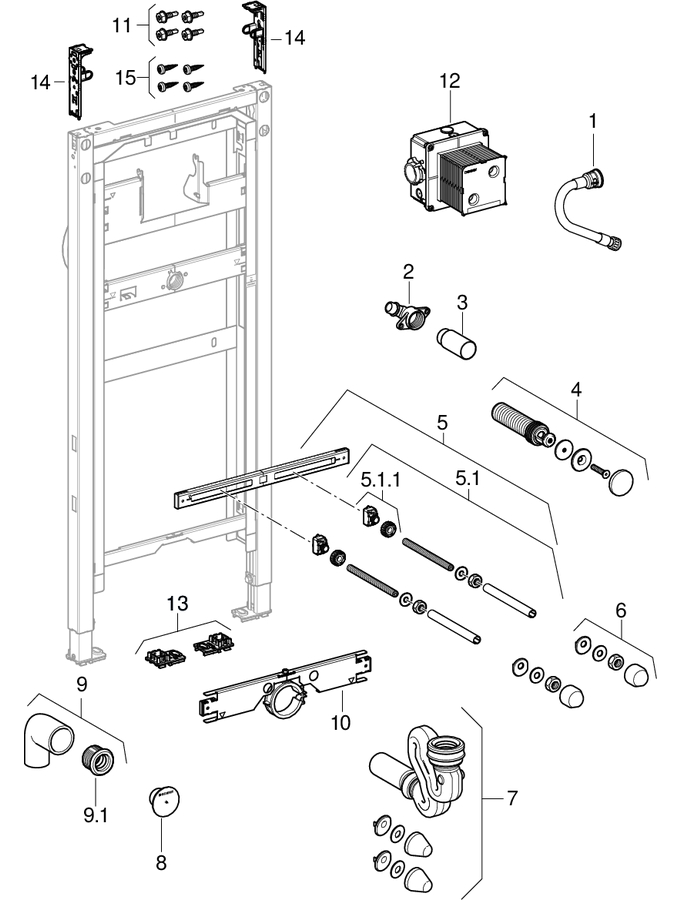 Geberit Duofix elements for urinal, 144 cm, Tamaro patlamış parça şeması