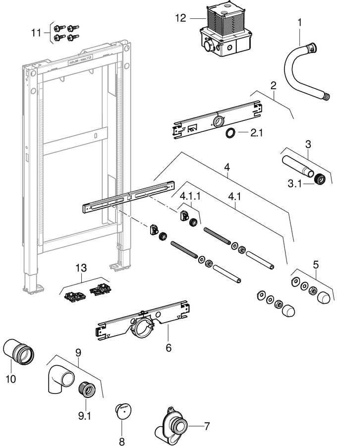 Geberit Duofix elements for urinal, 98 cm, universal, top actuation patlamış parça şeması