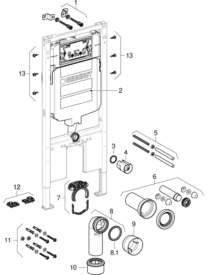 Geberit Duofix elements for wall-hung WC, with Alpha concealed cistern 8 cm patlamış parça şeması