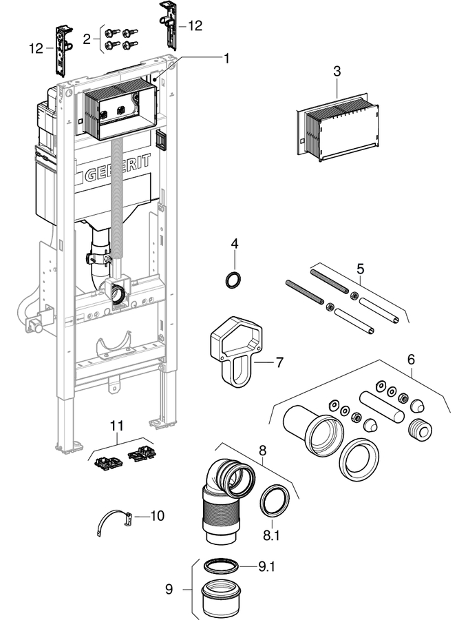 Geberit Duofix elements for wall-hung WC, with Sigma concealed cistern 12 cm, barrier-free, WC height-adjustable (UP320) patlamış parça şeması