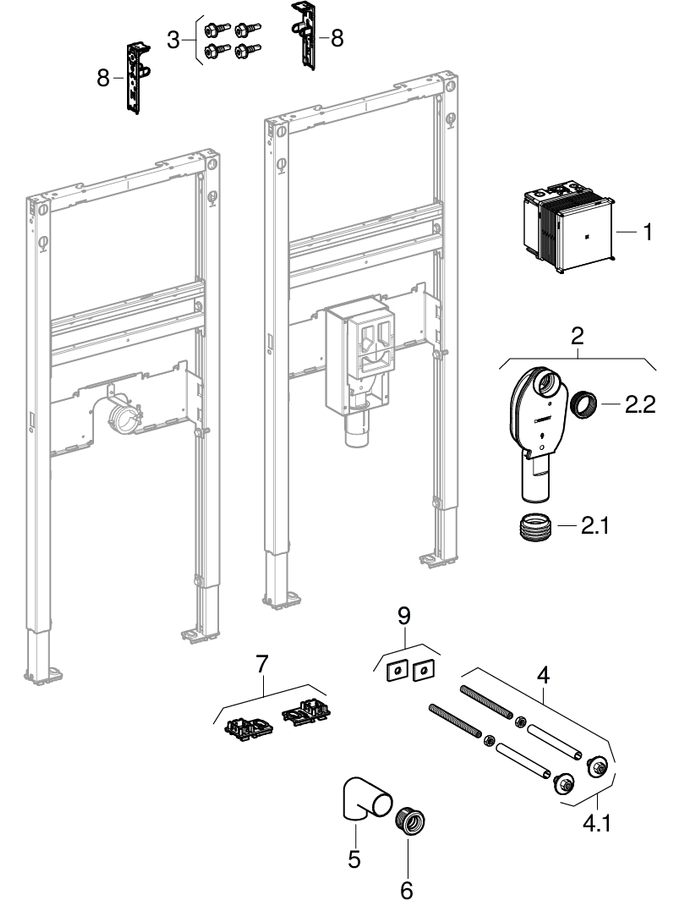Geberit Duofix elements for washbasin, 112 cm, deck-mounted tap with concealed function box patlamış parça şeması