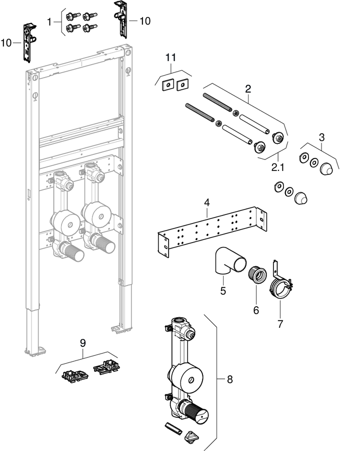 Geberit Duofix elements for washbasin, deck-mounted tap, with water meter section patlamış parça şeması